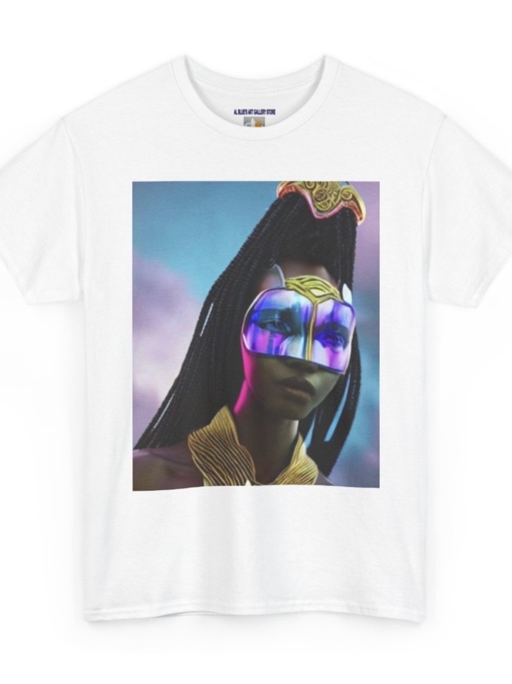 Al Blue designed,Graphic White Tee with Futuristic Mask Portrait